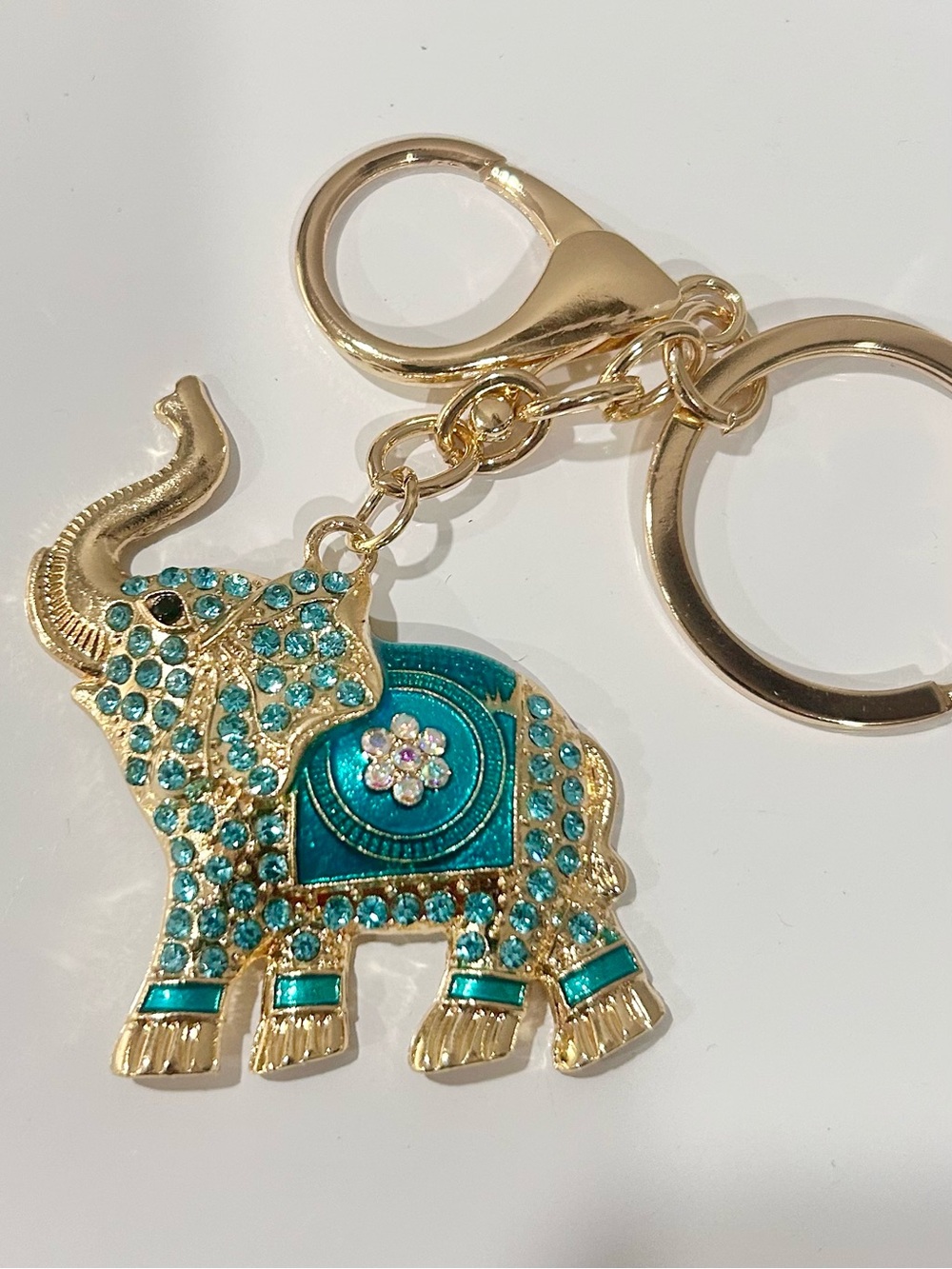 Teal Crystal Elephant Keychain